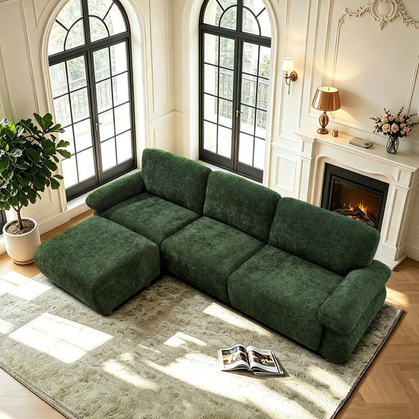 English Elm 111" Chenille Modular Sectional Sofa with Ottoman Mid-century Living Room L-shape Couch Dark Green W1097S00306