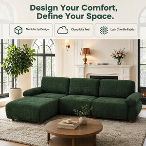 English Elm 111" Chenille Modular Sectional Sofa with Ottoman Mid-century Living Room L-shape Couch Dark Green W1097S00306