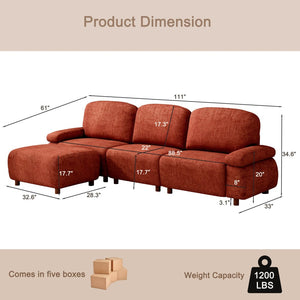 English Elm 111" Chenille Modular Sectional Sofa with Ottoman Mid-century Living Room L-shape Couch Dark Orange W1097S00307