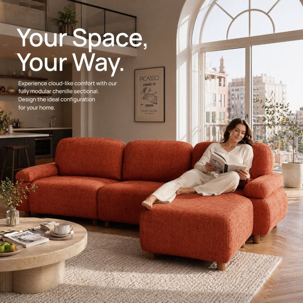 English Elm 111" Chenille Modular Sectional Sofa with Ottoman Mid-century Living Room L-shape Couch Dark Orange W1097S00307