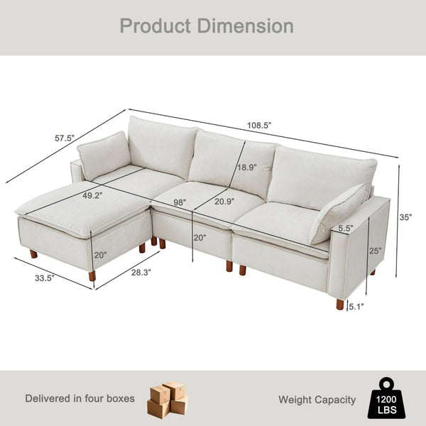 English Elm 108.5" Modular L-shape Sectional Sofa Chenille Upholstered with Detachable Ottoman Beige W1097S00308