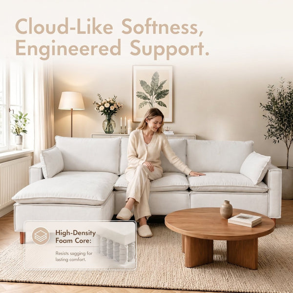 English Elm 108.5" Modular L-shape Sectional Sofa Chenille Upholstered with Detachable Ottoman Beige W1097S00308