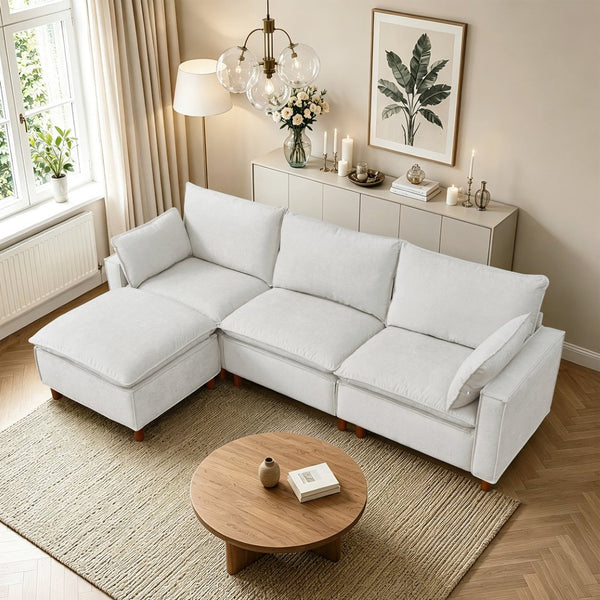 English Elm 108.5" Modular L-shape Sectional Sofa Chenille Upholstered with Detachable Ottoman Beige W1097S00308
