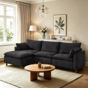 English Elm 108.5" Modular L-shape Sectional Sofa Chenille Upholstered with Detachable Ottoman Black W1097S00309