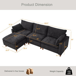 English Elm 108.5" Modular L-shape Sectional Sofa Chenille Upholstered with Detachable Ottoman Black W1097S00309