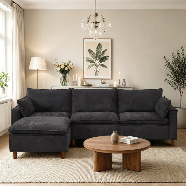 English Elm 108.5" Modular L-shape Sectional Sofa Chenille Upholstered with Detachable Ottoman Black W1097S00309