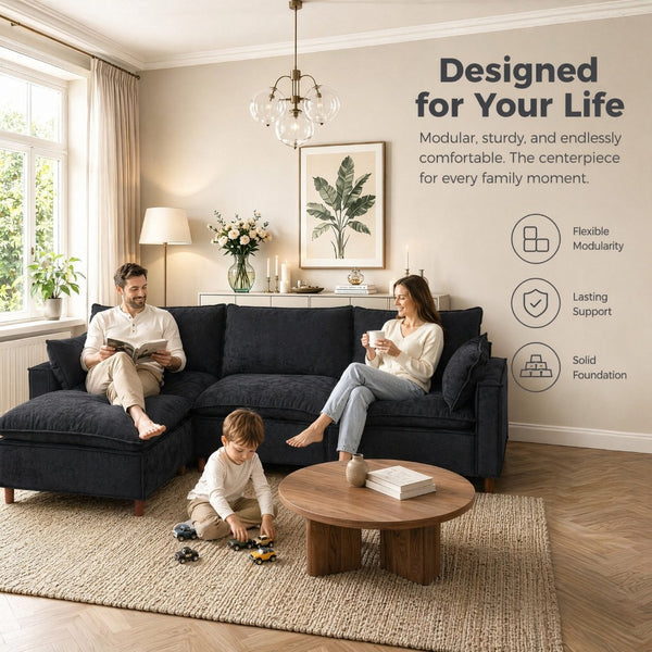 English Elm 108.5" Modular L-shape Sectional Sofa Chenille Upholstered with Detachable Ottoman Black W1097S00309