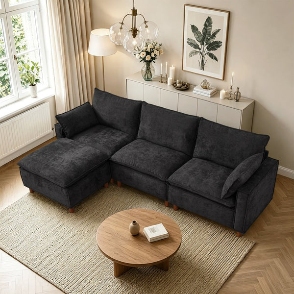 English Elm 108.5" Modular L-shape Sectional Sofa Chenille Upholstered with Detachable Ottoman Black W1097S00309
