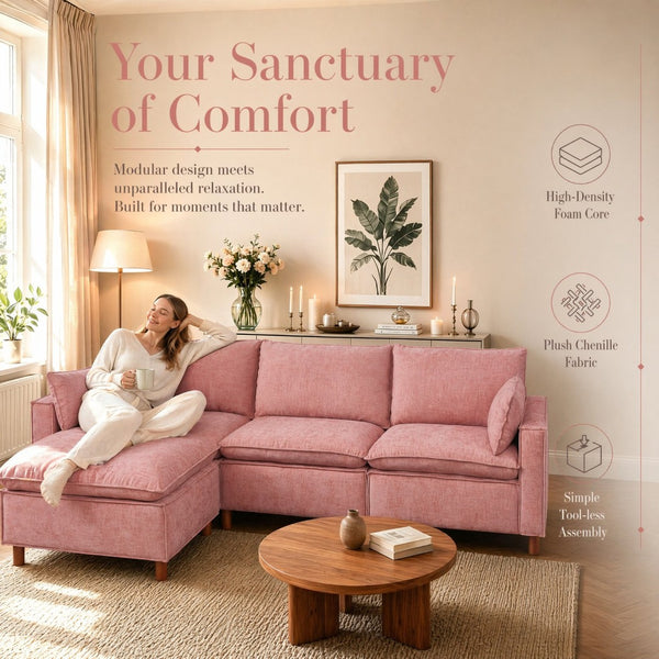 English Elm 108.5" Modular L-shape Sectional Sofa Chenille Upholstered with Detachable Ottoman Pink W1097S00310