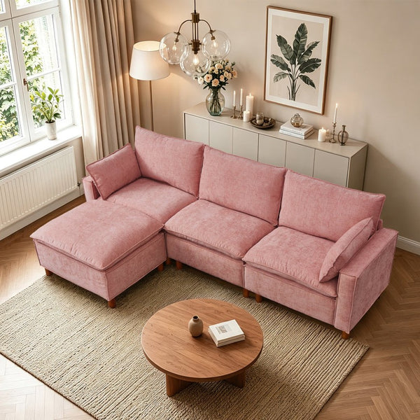 English Elm 108.5" Modular L-shape Sectional Sofa Chenille Upholstered with Detachable Ottoman Pink W1097S00310