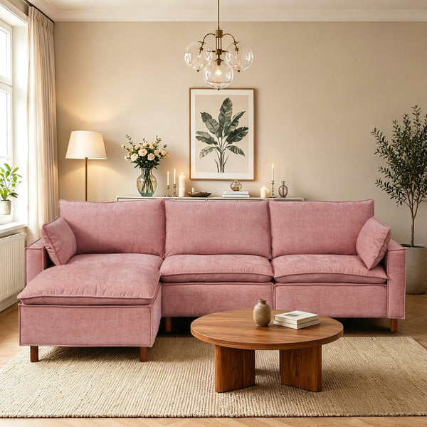 English Elm 108.5" Modular L-shape Sectional Sofa Chenille Upholstered with Detachable Ottoman Pink W1097S00310