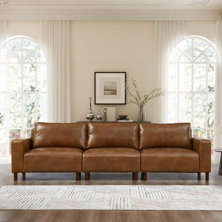 English Elm 112 Inch Mid-Century Modern PU Leather Sofa with Rubberwood Legs for Living Room W1097S00312