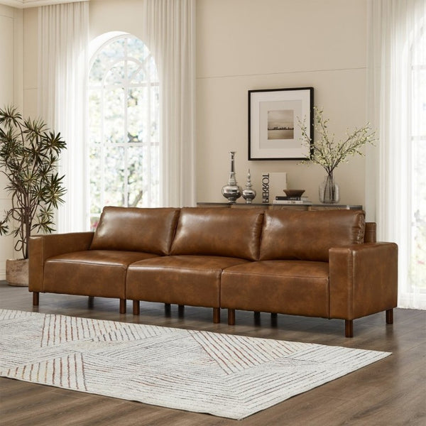 English Elm 112 Inch Mid-Century Modern PU Leather Sofa with Rubberwood Legs for Living Room W1097S00312
