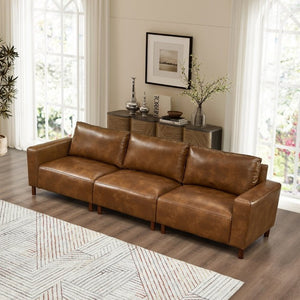 English Elm 112 Inch Mid-Century Modern PU Leather Sofa with Rubberwood Legs for Living Room W1097S00312