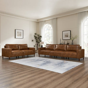 English Elm Luxury Brown Faux Leather Sofa and Loveseat Set with Rubberwood Legs for Living Room W1097S00313