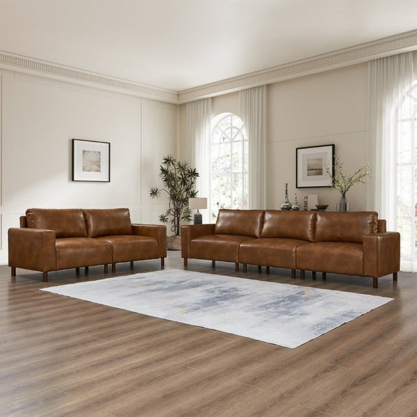 English Elm Luxury Brown Faux Leather Sofa and Loveseat Set with Rubberwood Legs for Living Room W1097S00313