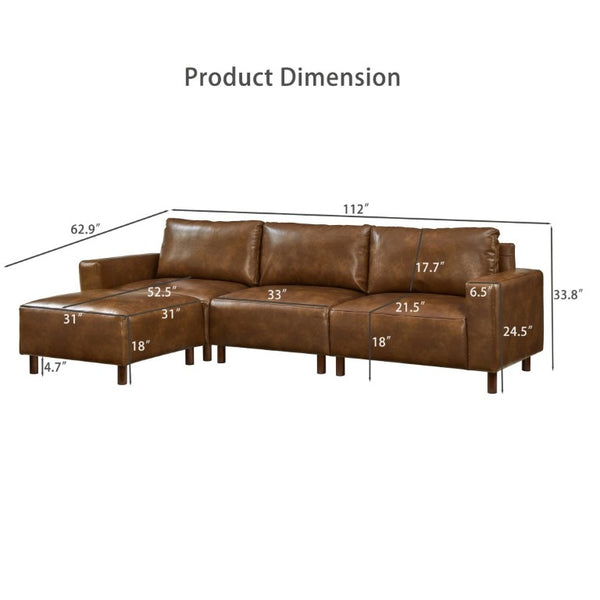 English Elm Modern L Shaped Sectional with Convertible Chaise in Breathable Brown PU Leather W1097S00314