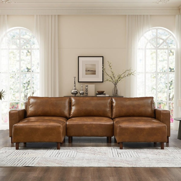 English Elm Modern Modular L-Shaped Sectional with Dual Ottoman Chaise in PU Leather Brown - A W1097S00315
