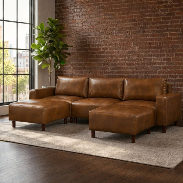 English Elm Modern Modular L-Shaped Sectional with Dual Ottoman Chaise in PU Leather Brown - A W1097S00315