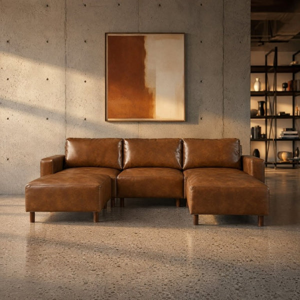 English Elm Modern Modular L-Shaped Sectional with Dual Ottoman Chaise in PU Leather Brown - A W1097S00315