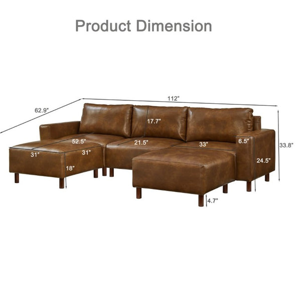 English Elm Modern Modular L-Shaped Sectional with Dual Ottoman Chaise in PU Leather Brown - A W1097S00315