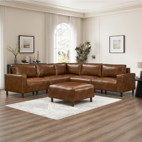 English Elm Modern Six Piece Modular Sectional in Brown PU Leather with Square Arm Living Room Sofa W1097S00316