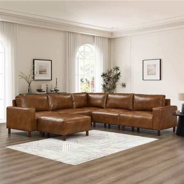 English Elm Modern Six Piece Modular Sectional in Brown PU Leather with Square Arm Living Room Sofa W1097S00316