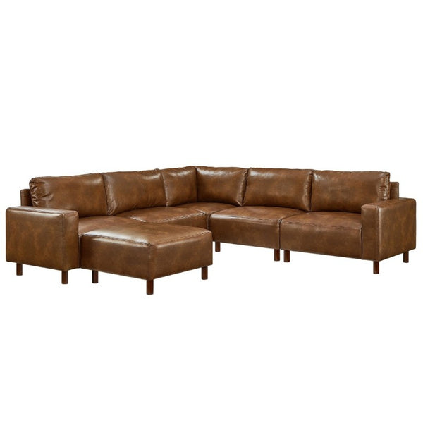 English Elm Modern Six Piece Modular Sectional in Brown PU Leather with Square Arm Living Room Sofa W1097S00316