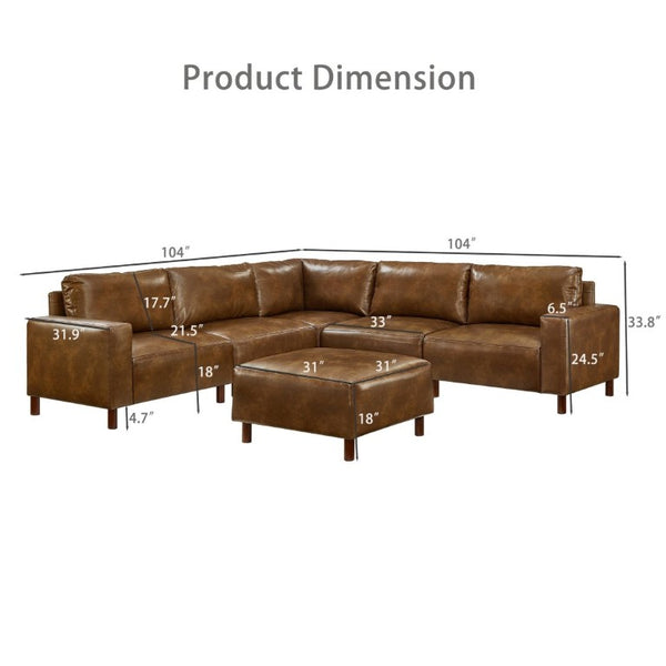 English Elm Modern Six Piece Modular Sectional in Brown PU Leather with Square Arm Living Room Sofa W1097S00316