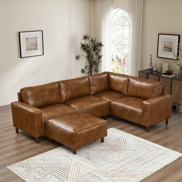 English Elm Modern Five Piece Modular Sectional with Ottoman PU Leather Low Profile Living Room Sofa W1097S00317