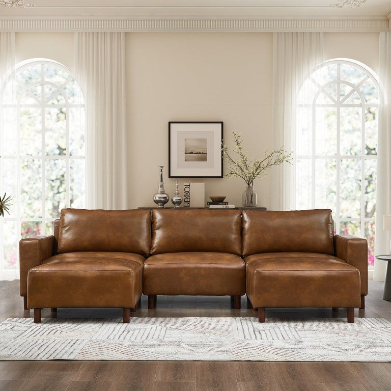 English Elm Modern U-Shaped Sectional in PU Leather with Ottomans for Spacious Living Rooms Brown - A W1097S00318