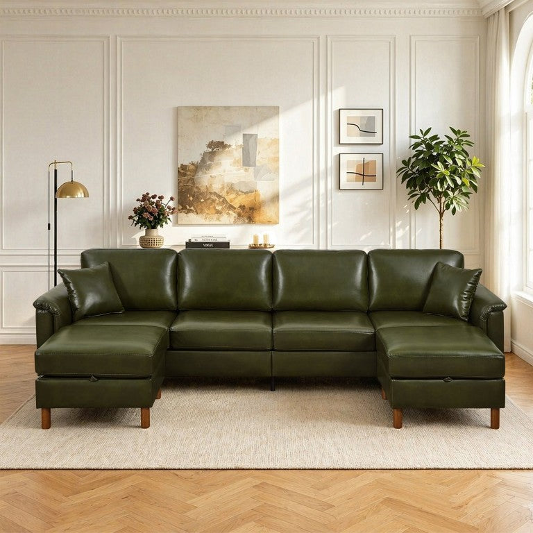 English Elm 120 Inch U-Shaped PU Leather Sectional with Dual Storage Ottomans Vintage Loft Style W1097S00320