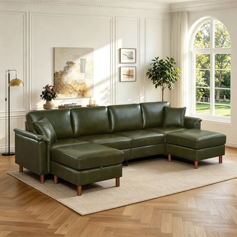 English Elm 120 Inch U-Shaped PU Leather Sectional with Dual Storage Ottomans Vintage Loft Style W1097S00320