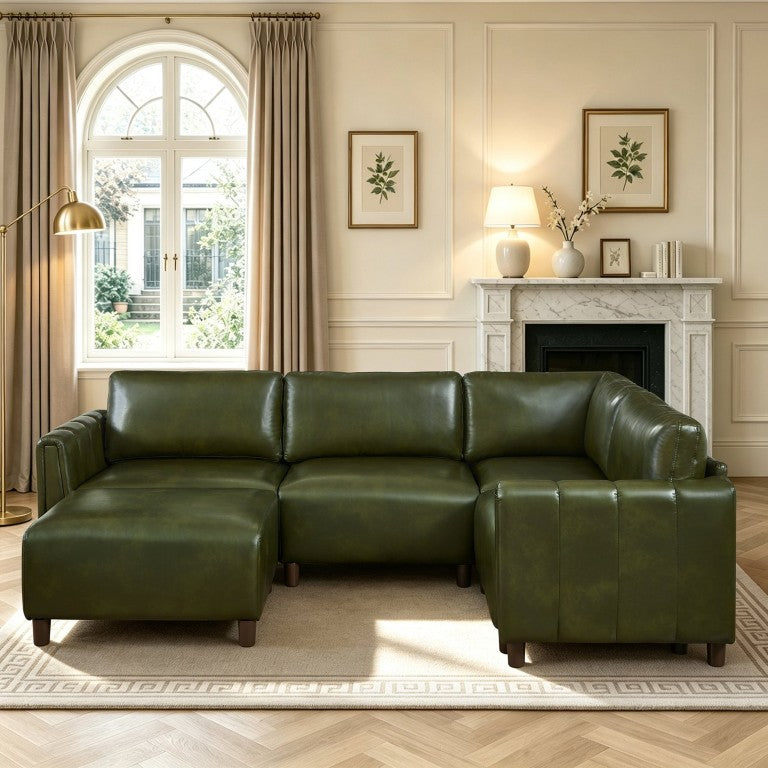 English Elm 102 Inch Modular L Shaped Sectional in Distressed PU Leather with Detachable Ottoman Dark Green W1097S00322