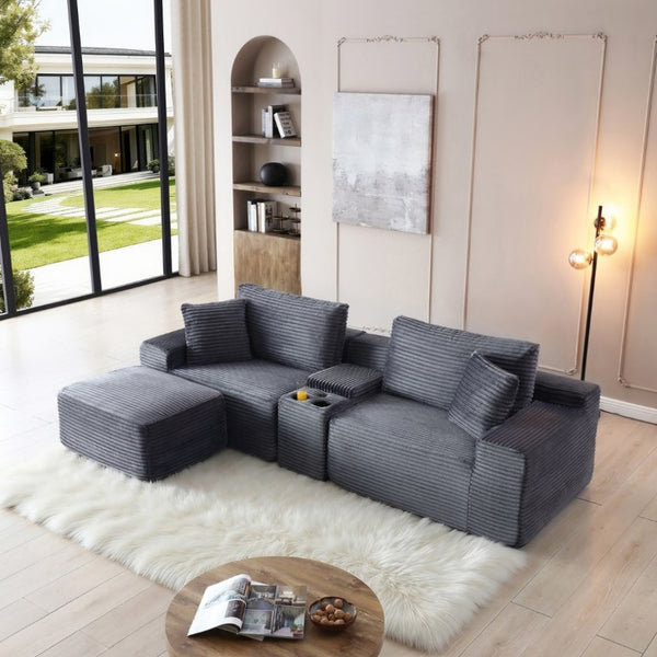 English Elm Modular Corduroy Cloud Sectional with USB Ports Cup Holders Storage and Sleeper Ottoman W1117P415801