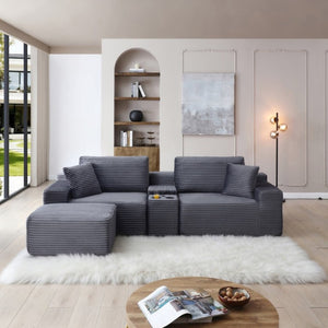 English Elm Modular Corduroy Cloud Sectional with USB Ports Cup Holders Storage and Sleeper Ottoman W1117P415801