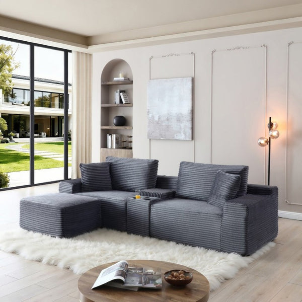 English Elm Modular Corduroy Cloud Sectional with USB Ports Cup Holders Storage and Sleeper Ottoman W1117P415801