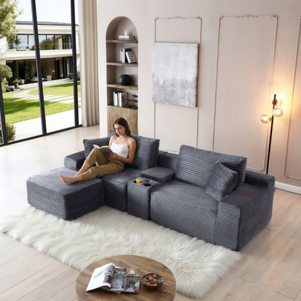 English Elm Modular Corduroy Cloud Sectional with USB Ports Cup Holders Storage and Sleeper Ottoman W1117P415801
