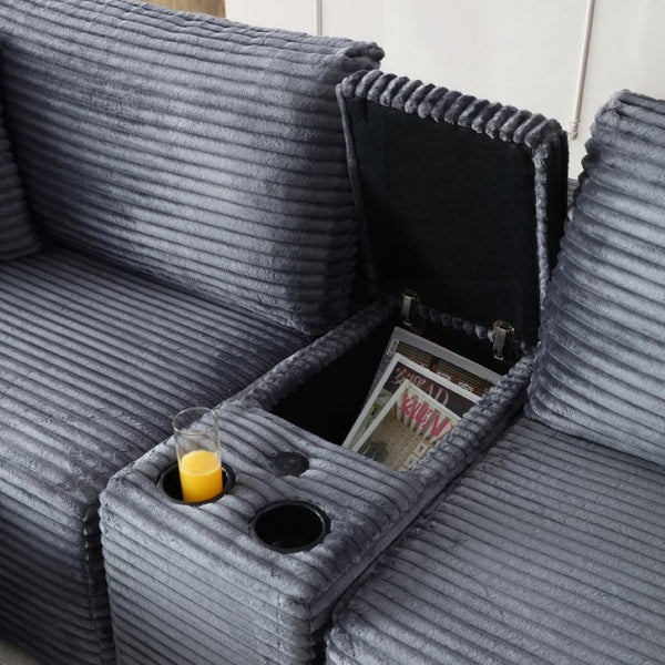 English Elm Modular Corduroy Cloud Sectional with USB Ports Cup Holders Storage and Sleeper Ottoman W1117P415801