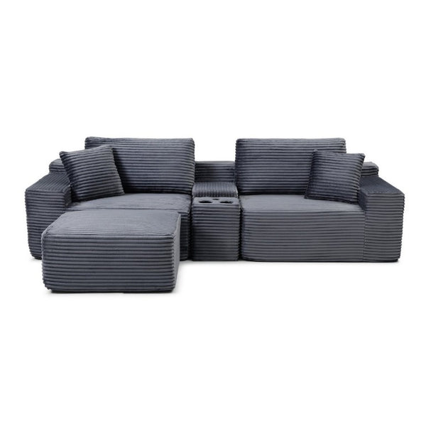 English Elm Modular Corduroy Cloud Sectional with USB Ports Cup Holders Storage and Sleeper Ottoman W1117P415801