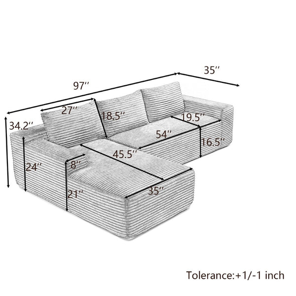 English Elm 97'' Modular Corduroy Sectional with Deep Seat Cushions for Spacious Living Rooms Grey - A W1117P457739
