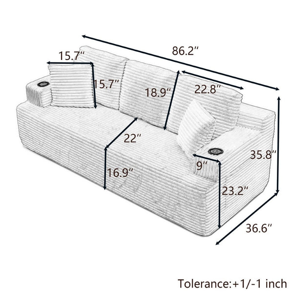 English Elm 86.2''boneless Floor Sofa Three Seat Corduroy Couch with Cup Holders for Studio Living Grey W1117P529639