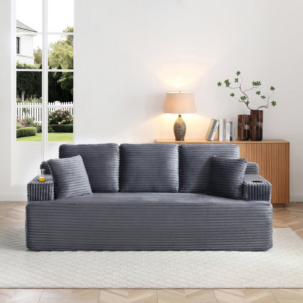 English Elm 86.2''boneless Floor Sofa Three Seat Corduroy Couch with Cup Holders for Studio Living Grey W1117P529639