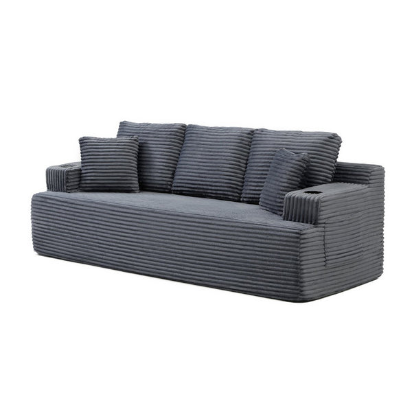 English Elm 86.2''boneless Floor Sofa Three Seat Corduroy Couch with Cup Holders for Studio Living Grey W1117P529639