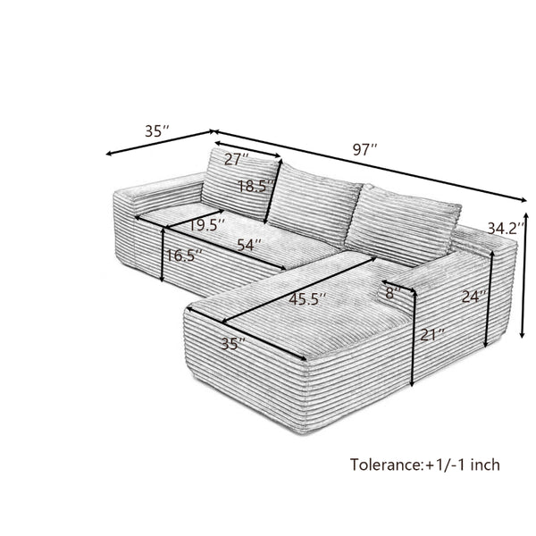 English Elm 97 Inch Modular Cloud Sectional Corduroy Sofa Deep Seat L-Shape Lounge for Living Room W1117P538537
