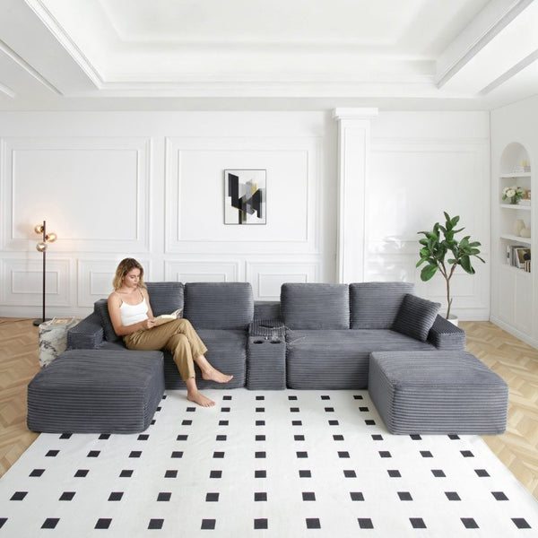 English Elm 125 Inch Modular Cloud Sectional Corduroy Sofa with Ottomans USB Ports Living Room W1117S00392