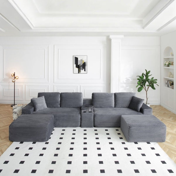 English Elm 125 Inch Modular Cloud Sectional Corduroy Sofa with Ottomans USB Ports Living Room W1117S00392