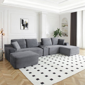 English Elm 125 Inch Modular Cloud Sectional Corduroy Sofa with Ottomans USB Ports Living Room W1117S00392