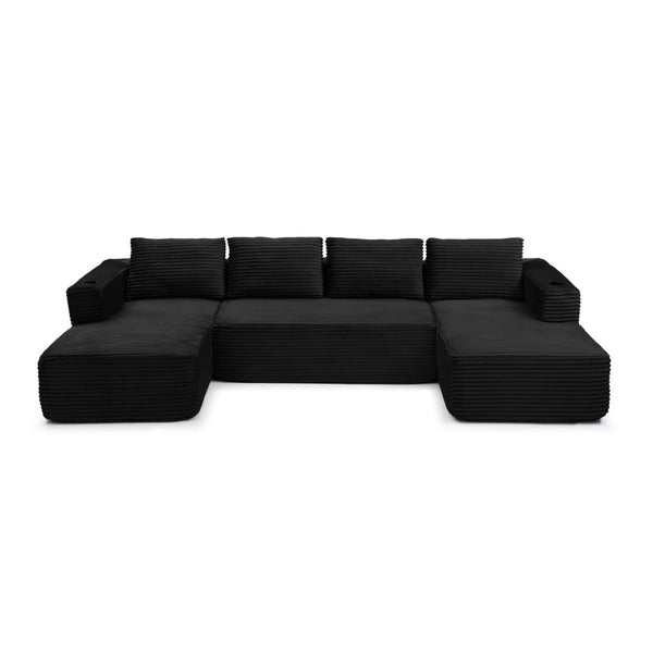 English Elm 132" Modular U-shaped Corduroy Sectional with Deep Seating Cupholders and Side Pocket W1117S00446