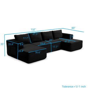 English Elm 132" Modular U-shaped Corduroy Sectional with Deep Seating Cupholders and Side Pocket W1117S00446